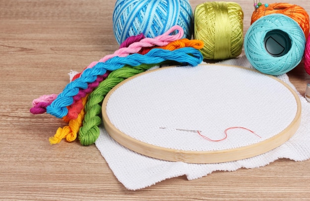 Colorful embroidery threads and hoop